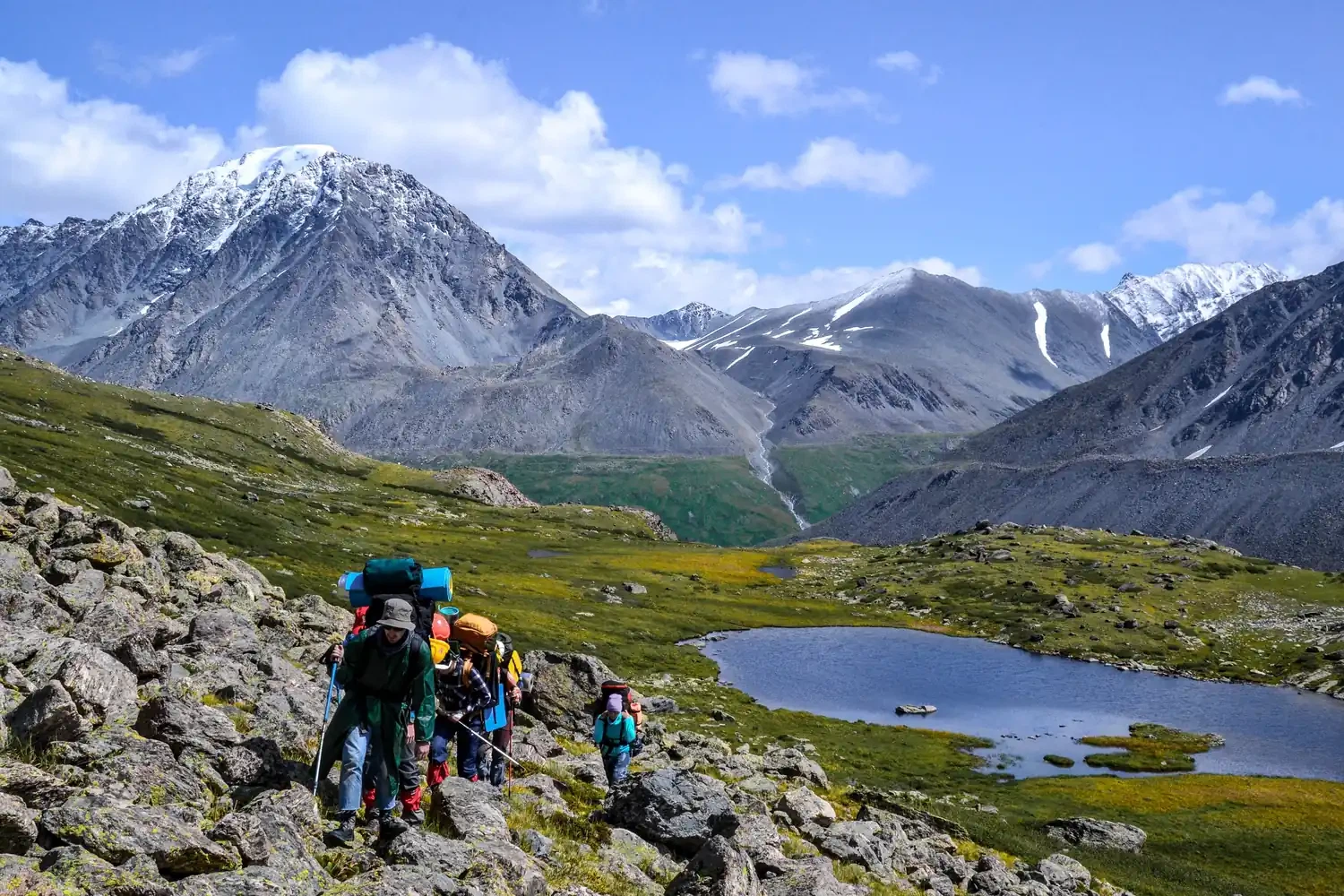 «Hikers with backpacks walking in the mountains of the Altai»